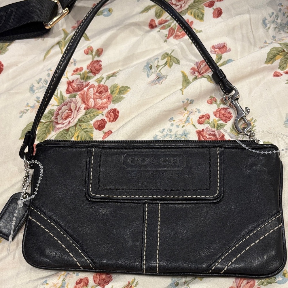 Coach Black Leather Wristlet with Stitch Detail